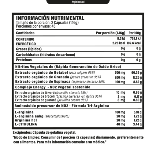 Arginine Nitric Oxide Gold Tri-Arginine 90 Caps - Image 2